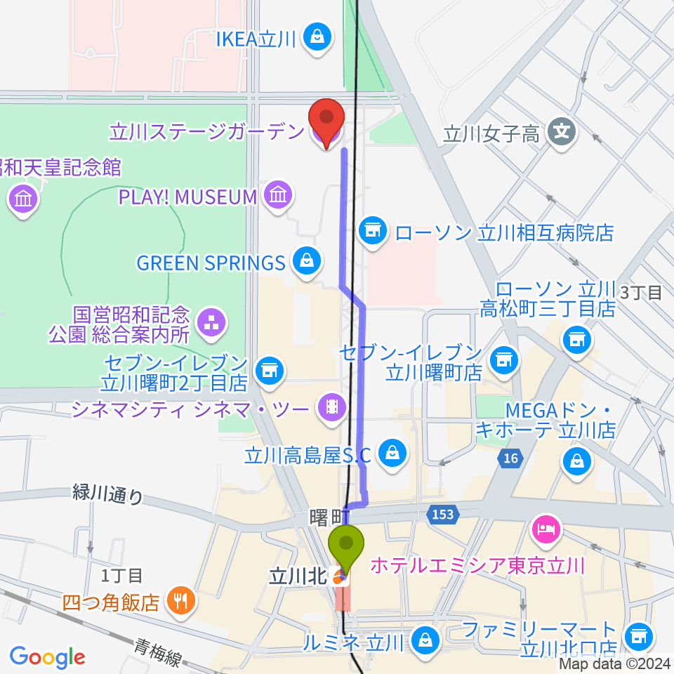 立川ステージガーデンの最寄駅立川北駅からの徒歩ルート（約10分）地図