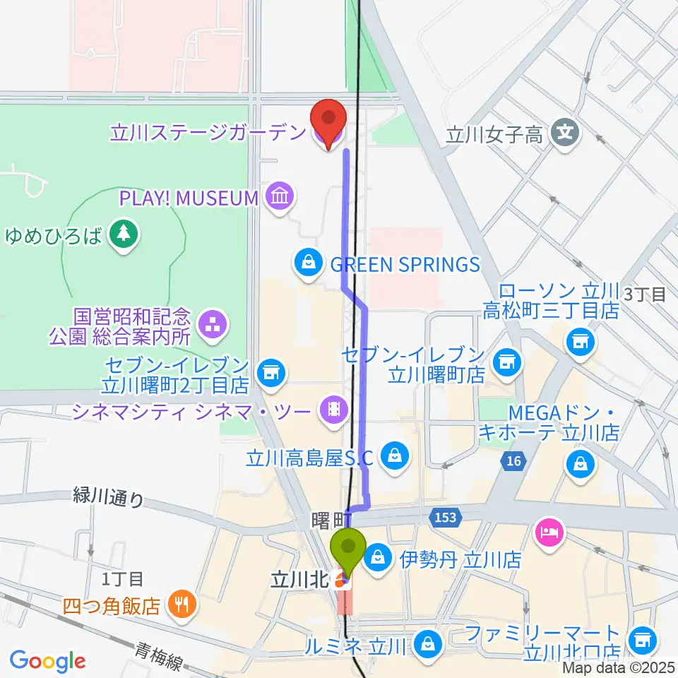 立川ステージガーデンの最寄駅立川北駅からの徒歩ルート（約10分）地図