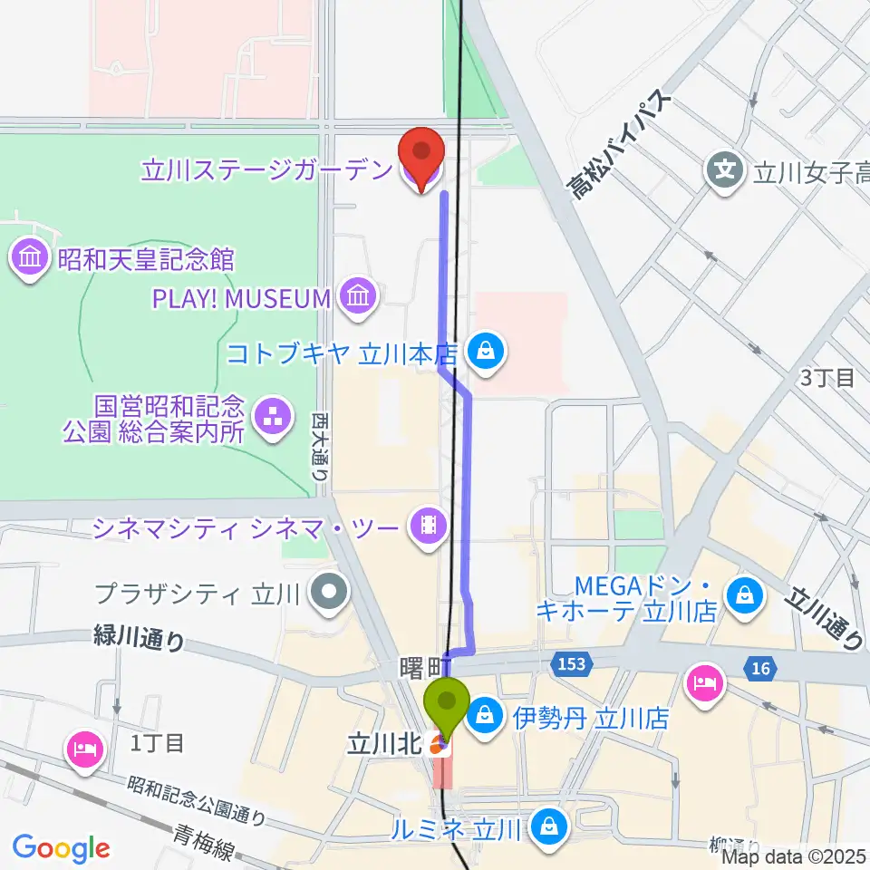 立川ステージガーデンの最寄駅立川北駅からの徒歩ルート（約10分）地図