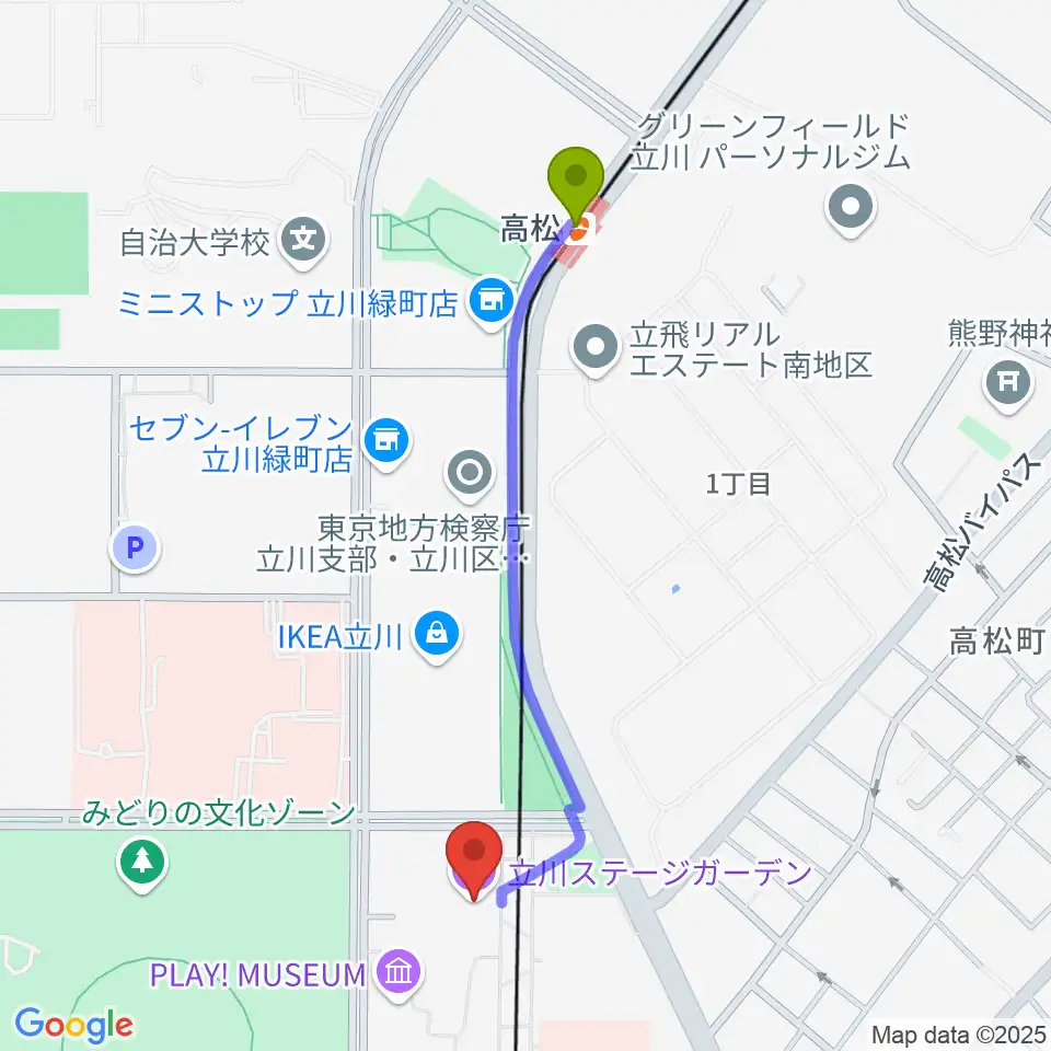 高松駅から立川ステージガーデンへのルートマップ地図