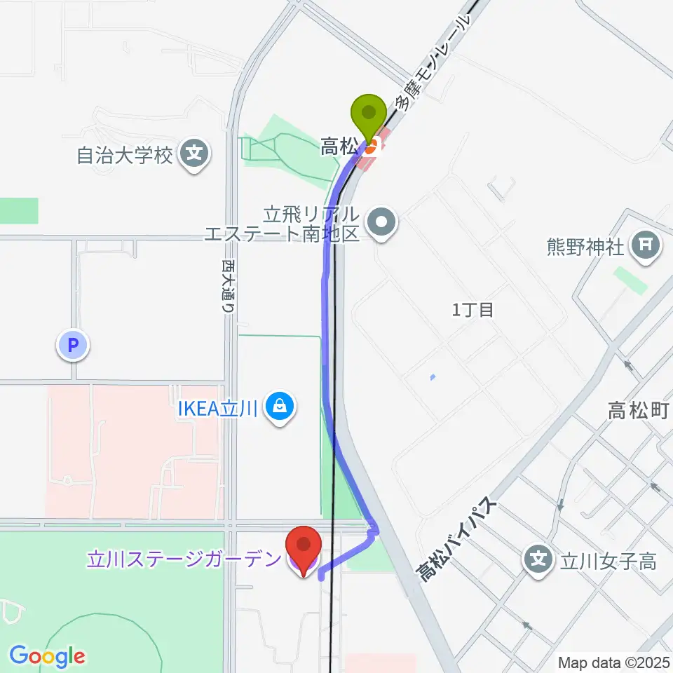 高松駅から立川ステージガーデンへのルートマップ地図