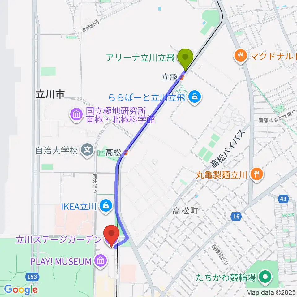 立飛駅から立川ステージガーデンへのルートマップ地図