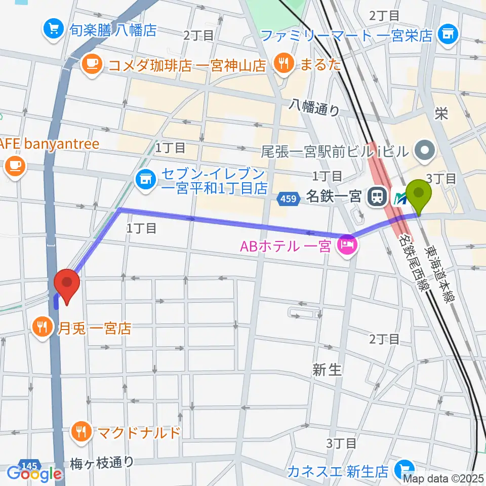 いちのみや中央プラザ体育館の最寄駅尾張一宮駅からの徒歩ルート（約12分）地図