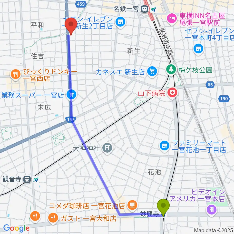 妙興寺駅からいちのみや中央プラザ体育館へのルートマップ地図