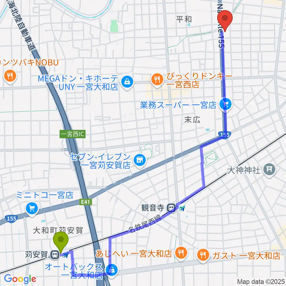 苅安賀駅からいちのみや中央プラザ体育館へのルートマップ地図