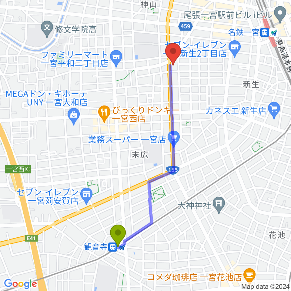 観音寺駅からいちのみや中央プラザ体育館へのルートマップ地図