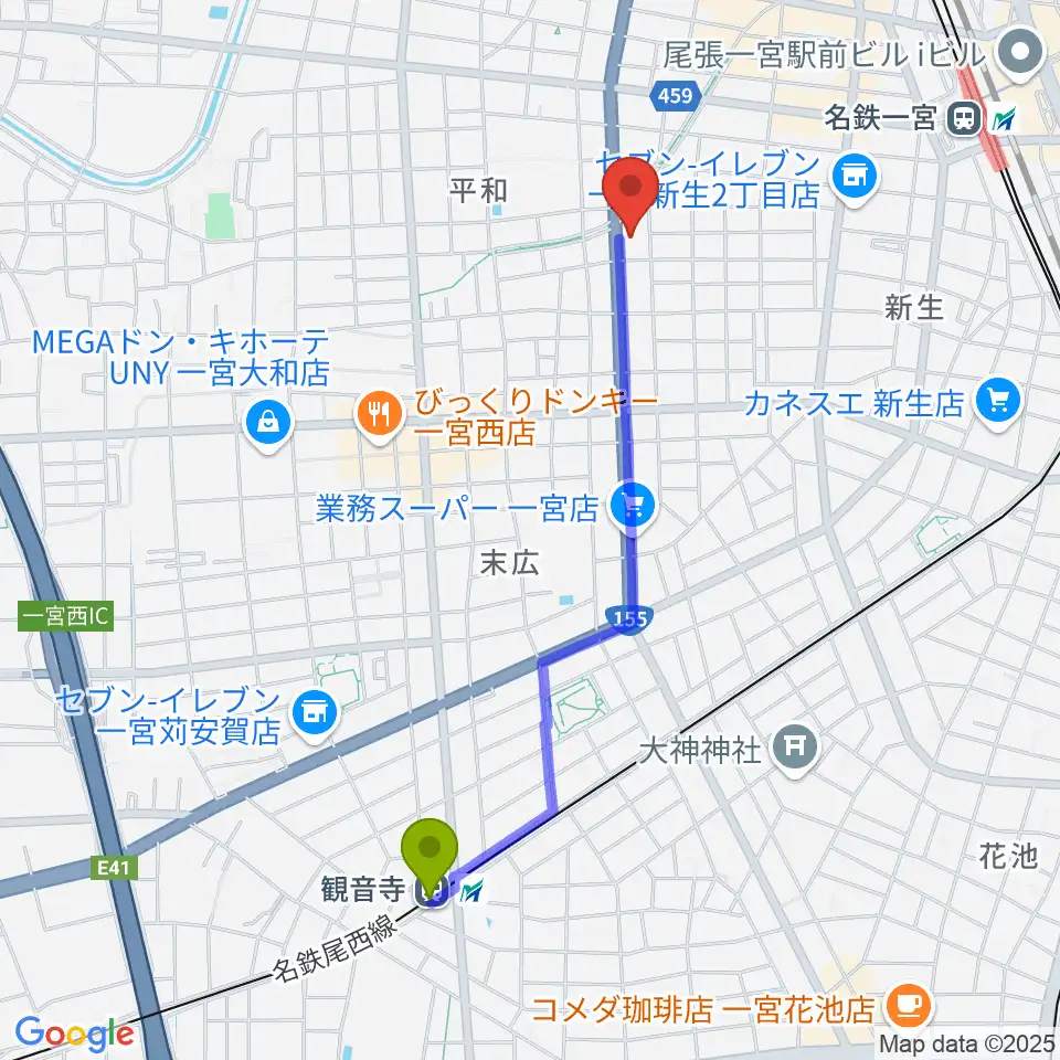 観音寺駅からいちのみや中央プラザ体育館へのルートマップ地図