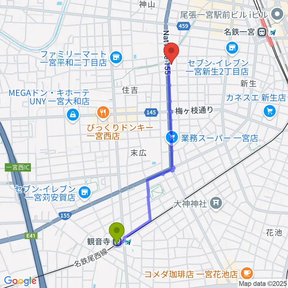 観音寺駅からいちのみや中央プラザ体育館へのルートマップ地図