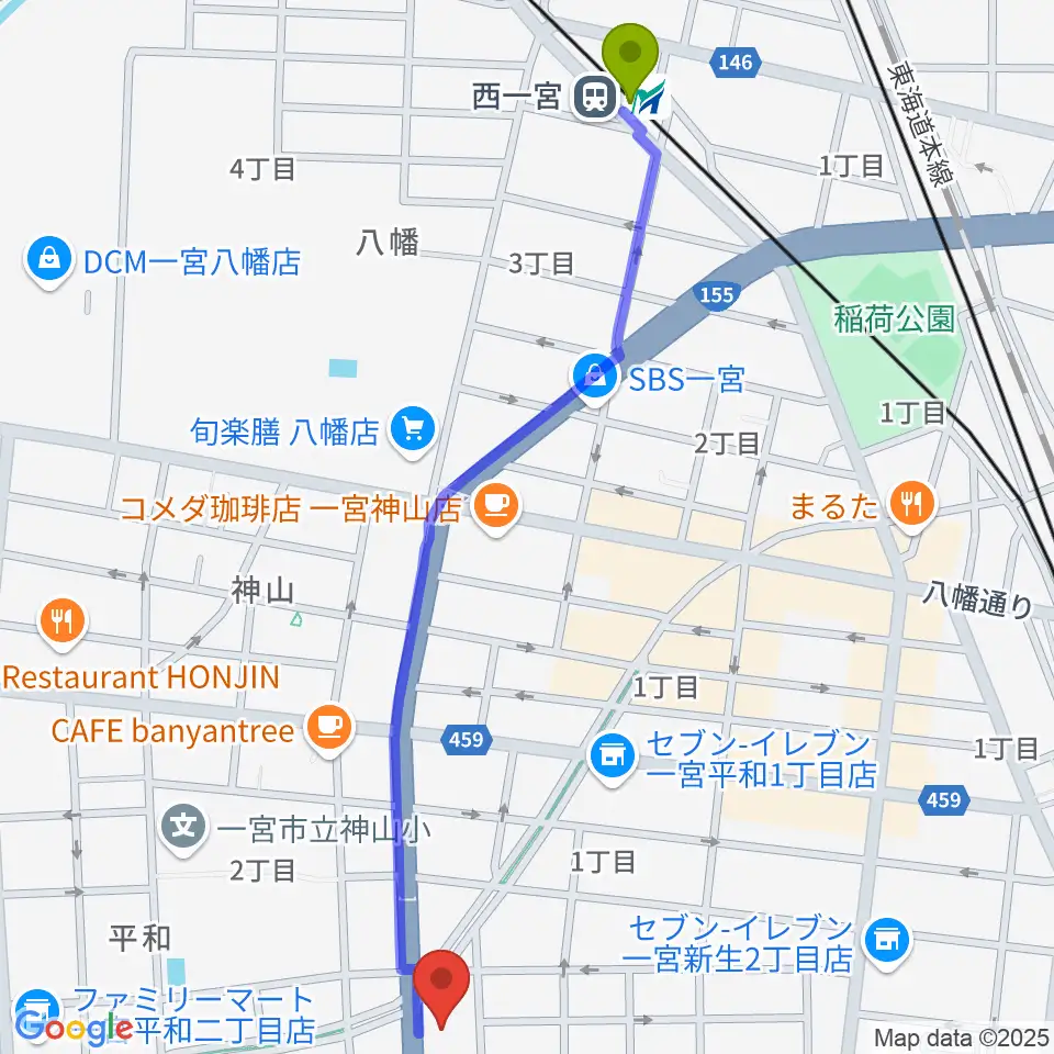 西一宮駅からいちのみや中央プラザ体育館へのルートマップ地図