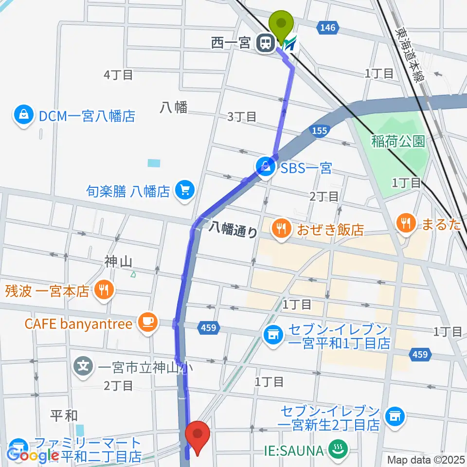西一宮駅からいちのみや中央プラザ体育館へのルートマップ地図