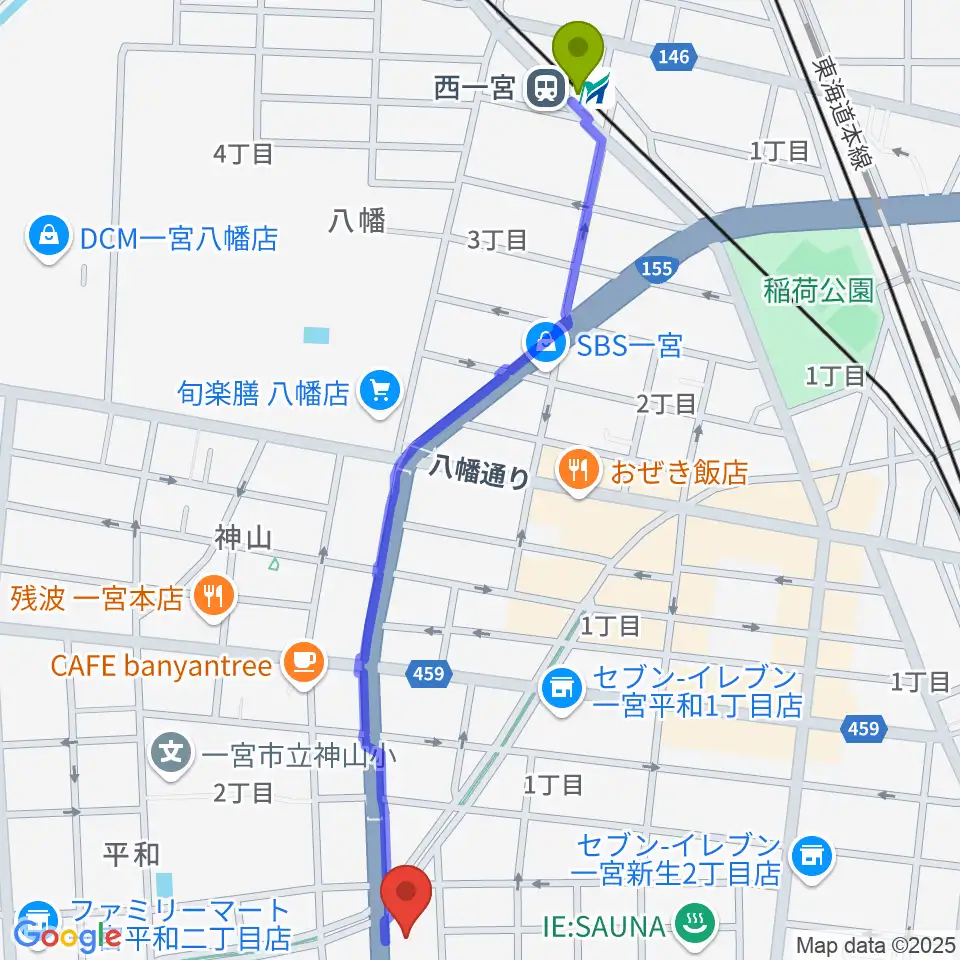 西一宮駅からいちのみや中央プラザ体育館へのルートマップ地図