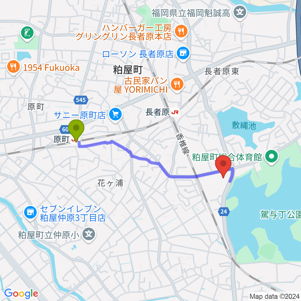 原町駅からサンレイクかすやへのルートマップ地図