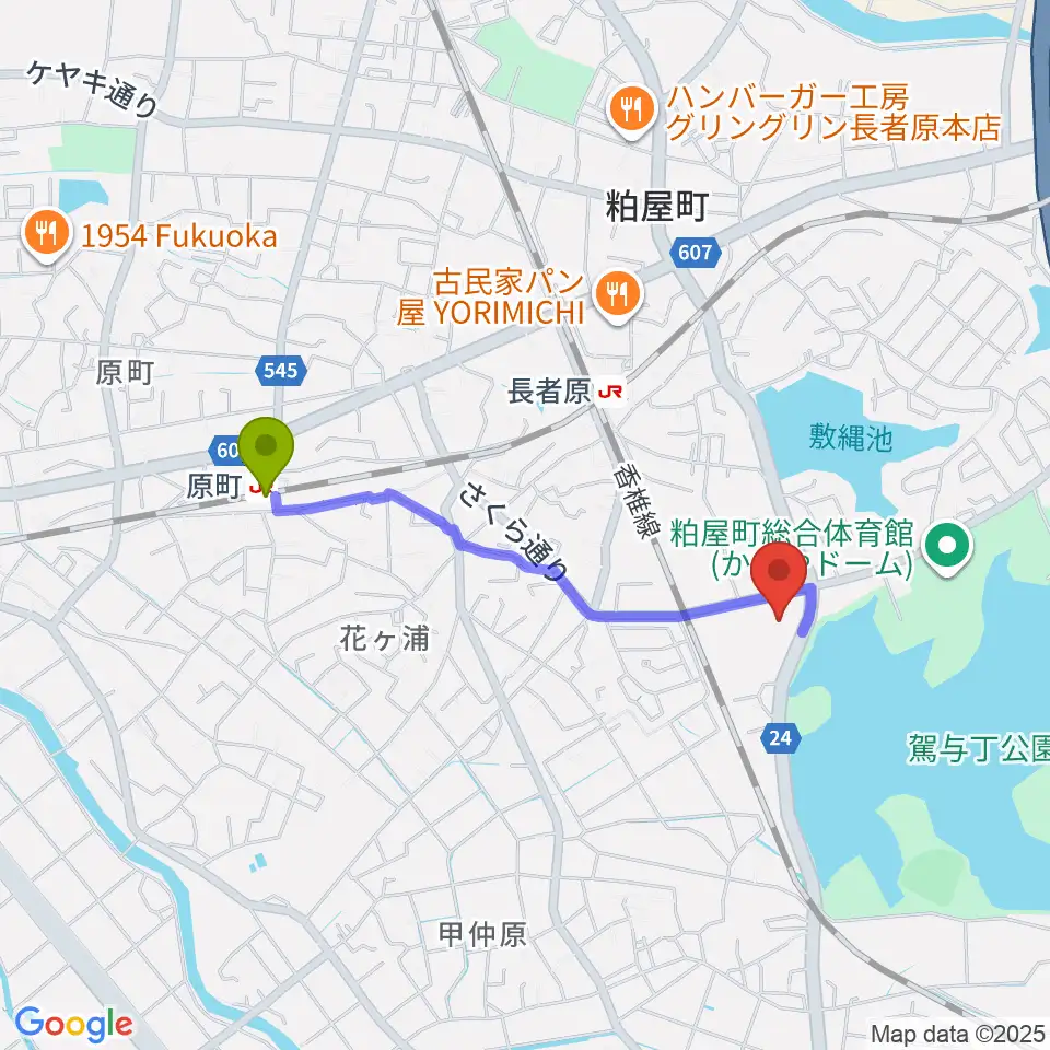 原町駅からサンレイクかすやへのルートマップ地図