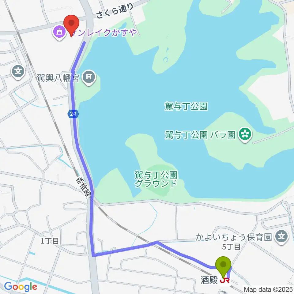 酒殿駅からサンレイクかすやへのルートマップ地図
