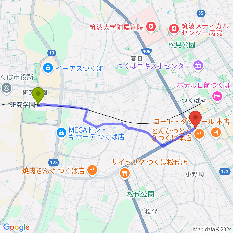 研究学園駅からアーデン音楽館 つくばピアノ教室へのルートマップ地図