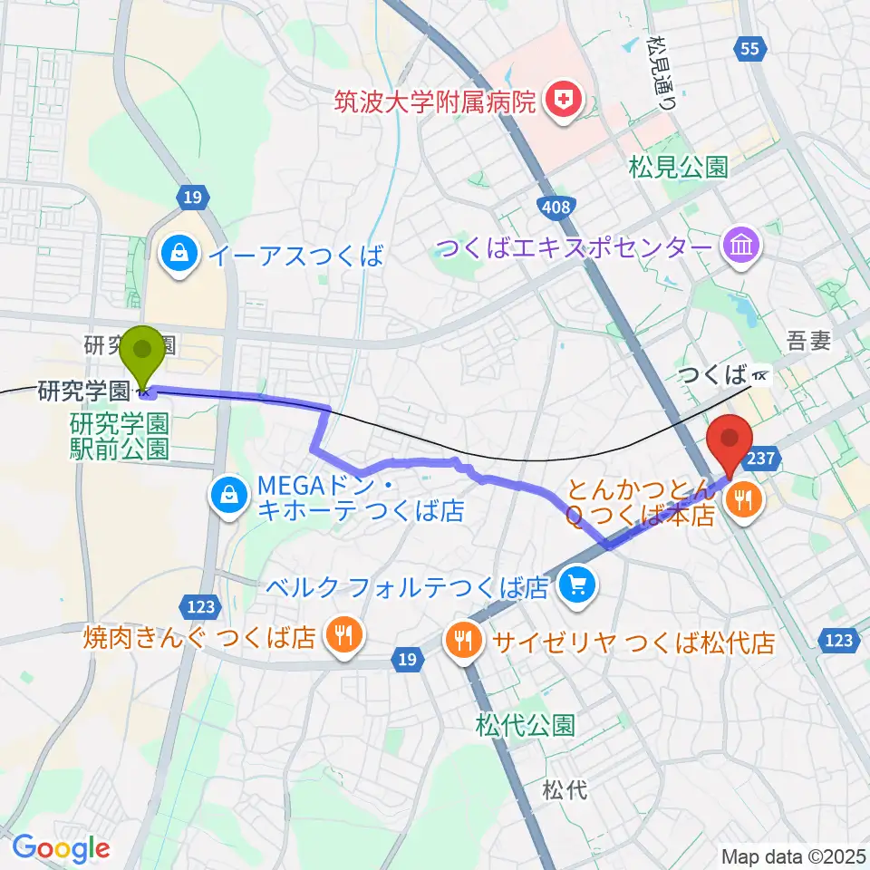 研究学園駅からアーデン音楽館 つくばピアノ教室へのルートマップ地図