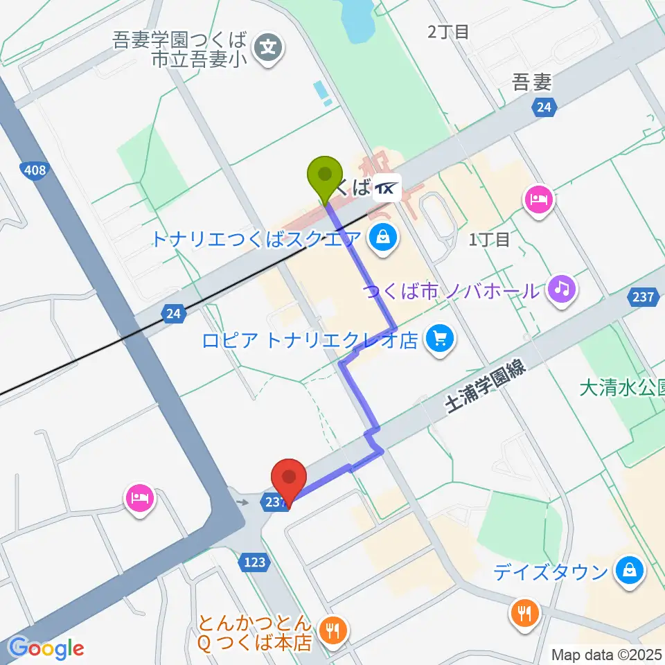 アーデン音楽館 つくばピアノ教室の最寄駅つくば駅からの徒歩ルート（約7分）地図