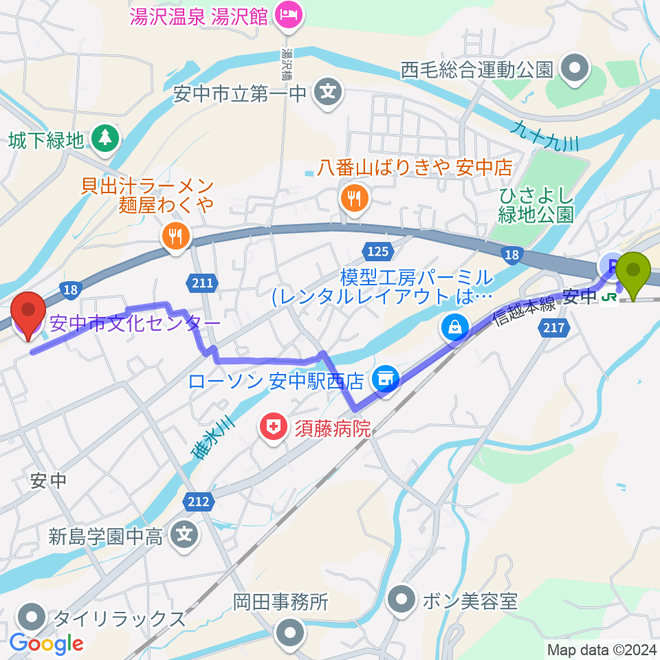 安中市文化センターの最寄駅安中駅からの徒歩ルート（約28分）地図