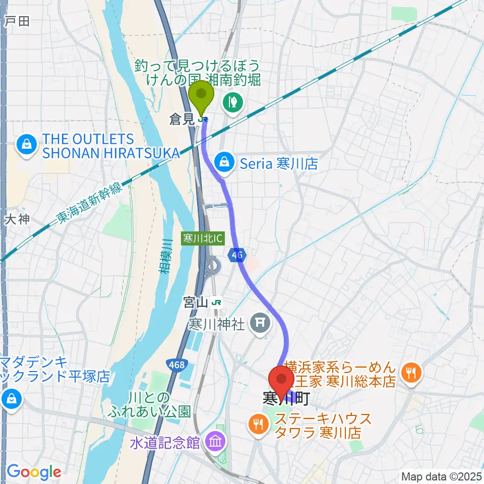 倉見駅からシンコースポーツ寒川アリーナへのルートマップ地図