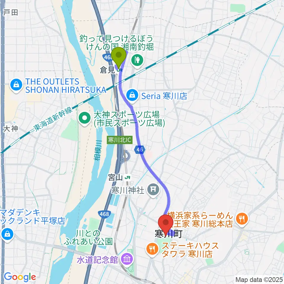 倉見駅からシンコースポーツ寒川アリーナへのルートマップ地図