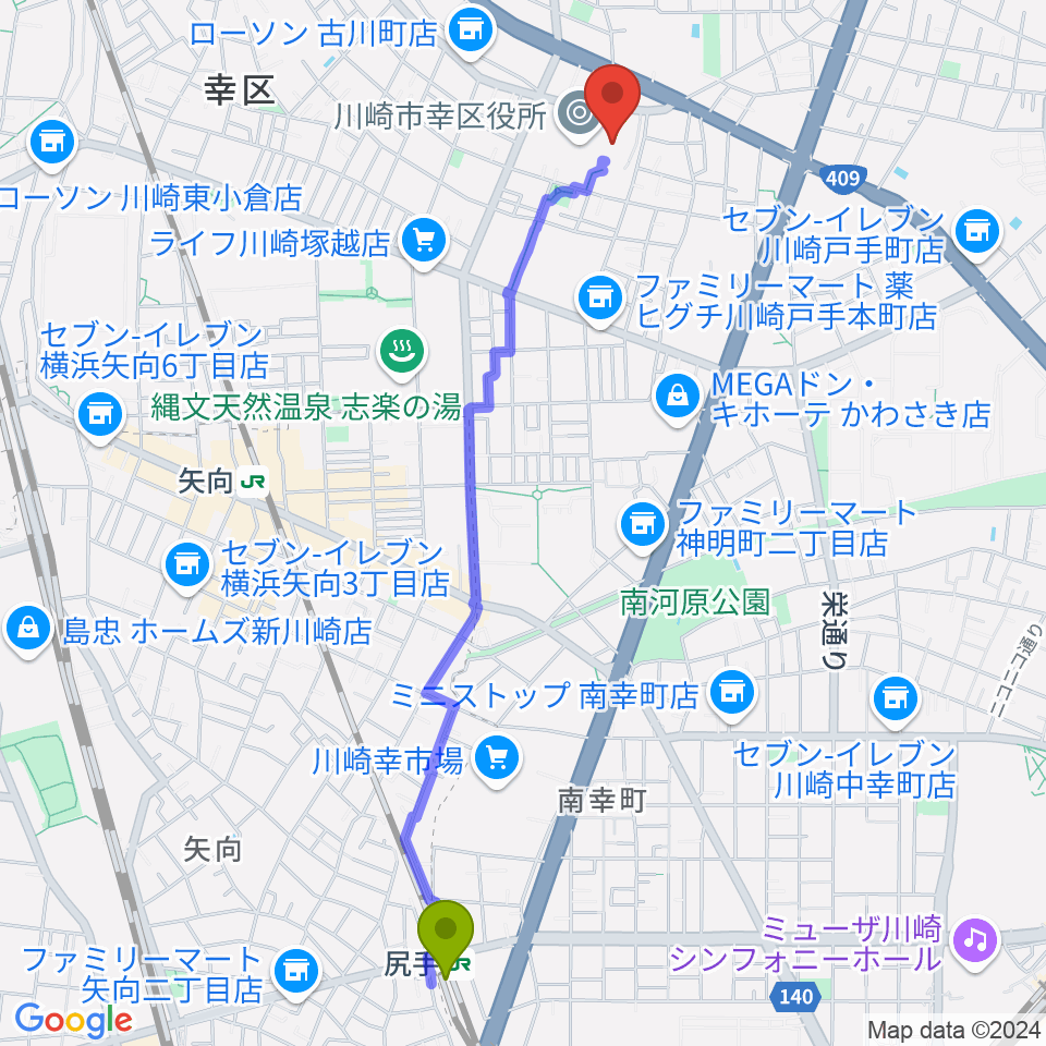 尻手駅から川崎市幸市民館へのルートマップ地図