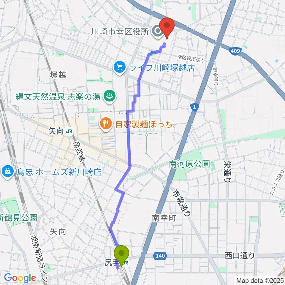 尻手駅から川崎市幸市民館へのルートマップ地図