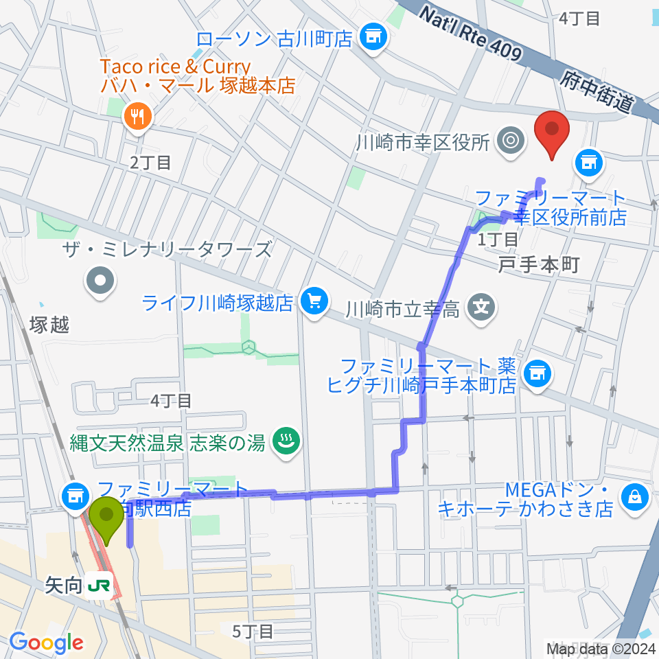 川崎市幸市民館の最寄駅矢向駅からの徒歩ルート（約14分）地図