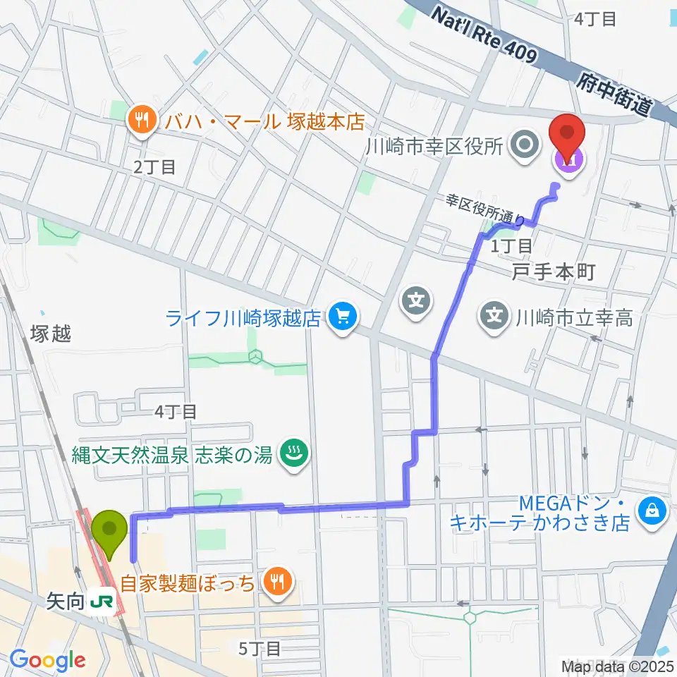 川崎市幸市民館の最寄駅矢向駅からの徒歩ルート（約14分）地図
