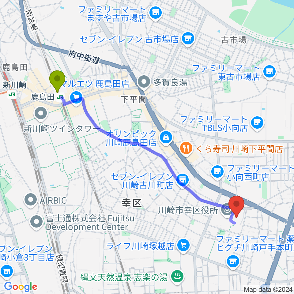 鹿島田駅から川崎市幸市民館へのルートマップ地図