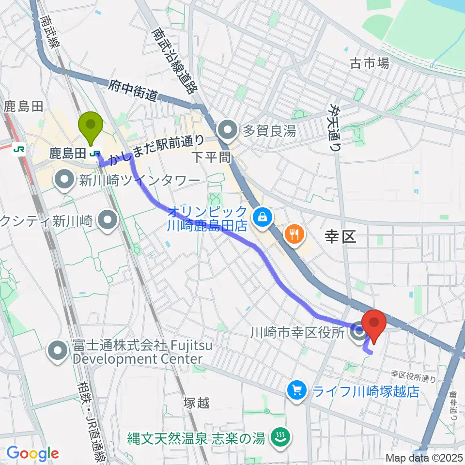 鹿島田駅から川崎市幸市民館へのルートマップ地図