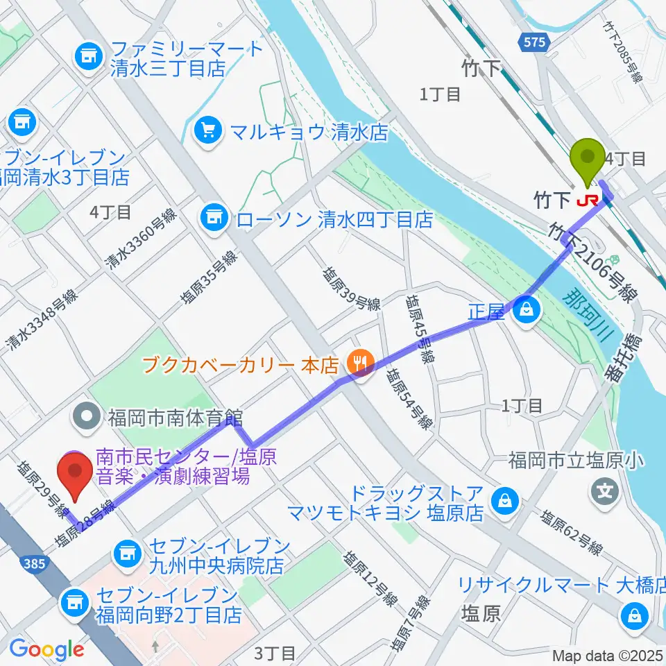 竹下駅から福岡市南市民センターへのルートマップ地図