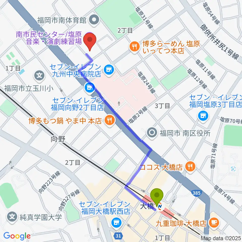 福岡市南市民センターの最寄駅大橋駅からの徒歩ルート（約11分）地図