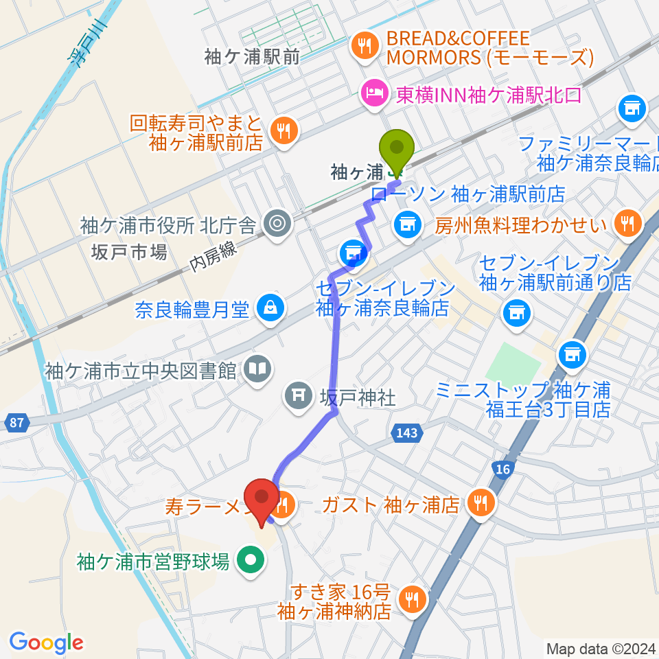 袖ヶ浦市民会館の最寄駅袖ケ浦駅からの徒歩ルート（約18分）地図