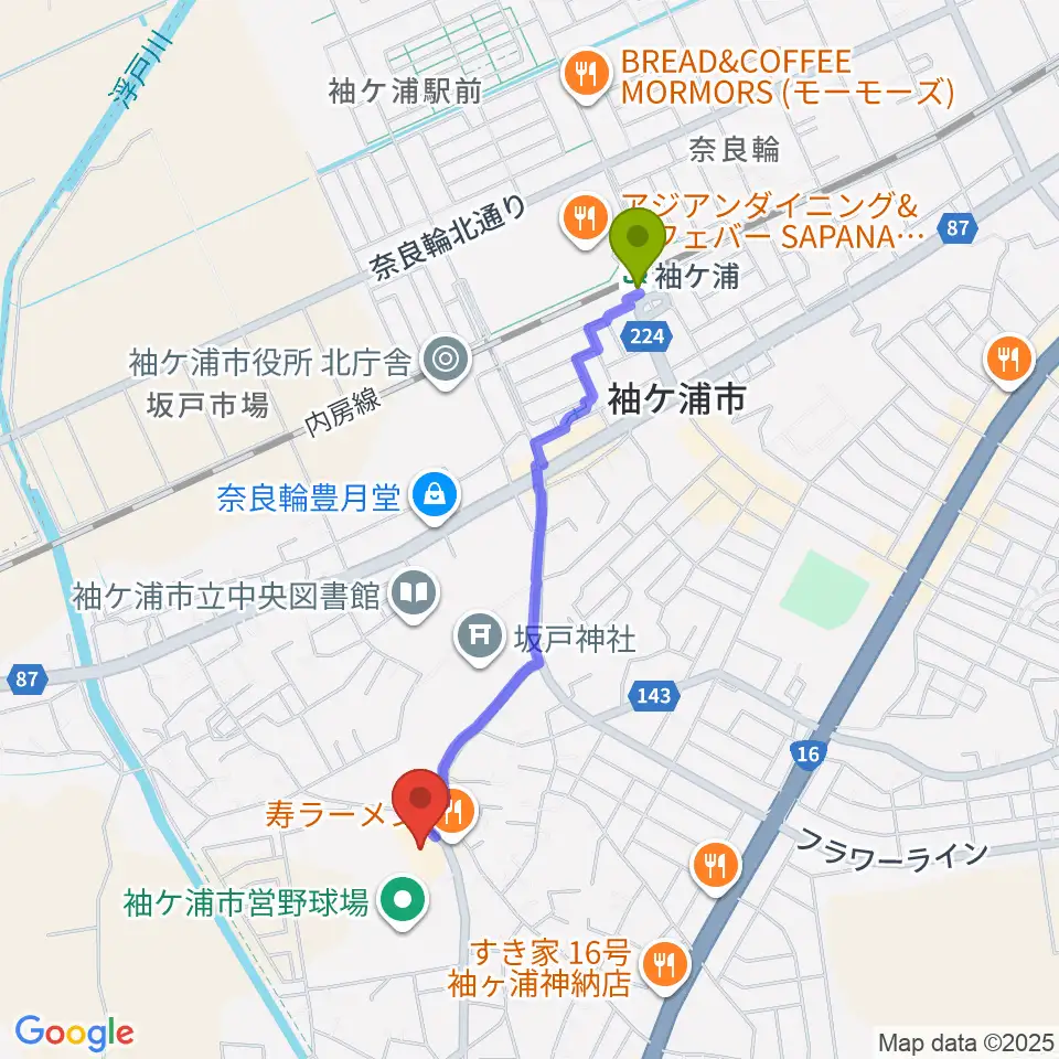 袖ヶ浦市民会館の最寄駅袖ケ浦駅からの徒歩ルート（約18分）地図