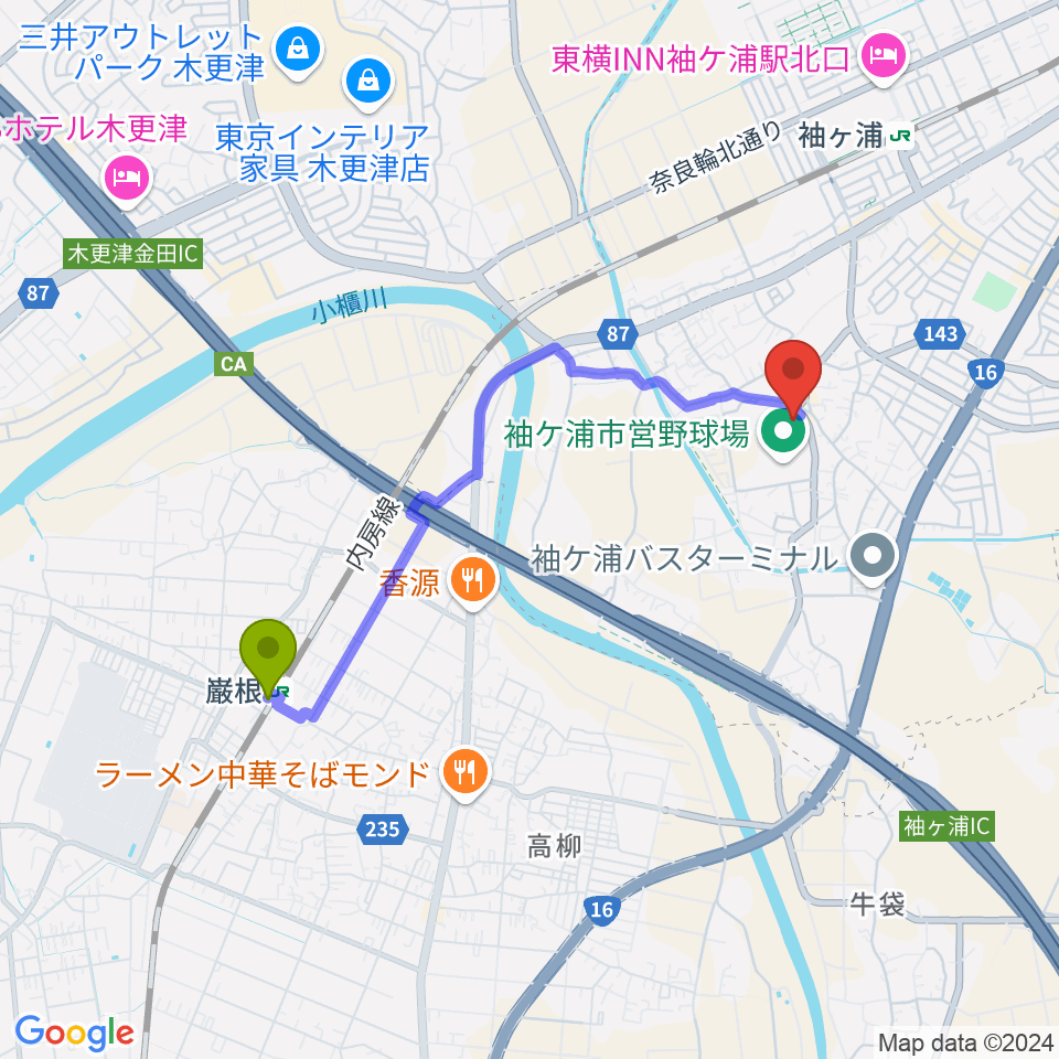 巌根駅から袖ヶ浦市民会館へのルートマップ地図