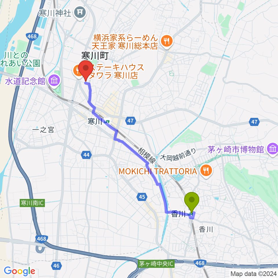 香川駅から寒川町民センターへのルートマップ地図