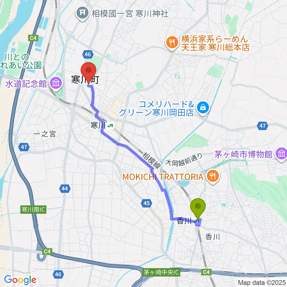 香川駅から寒川町民センターへのルートマップ地図