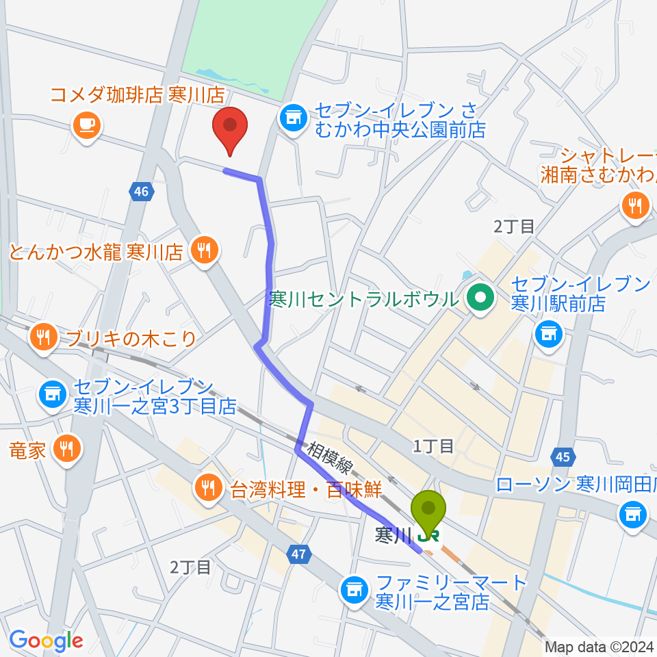 寒川町民センターの最寄駅寒川駅からの徒歩ルート（約10分）地図