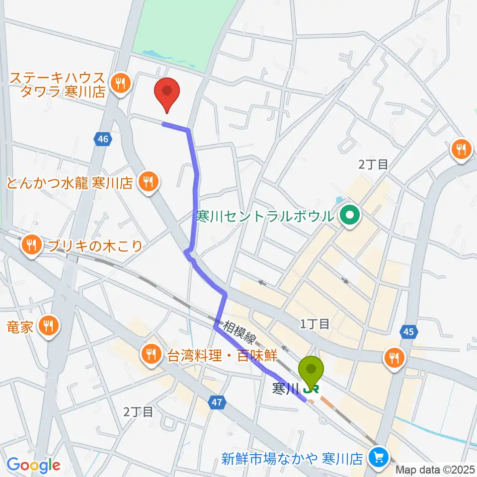 寒川町民センターの最寄駅寒川駅からの徒歩ルート（約10分）地図