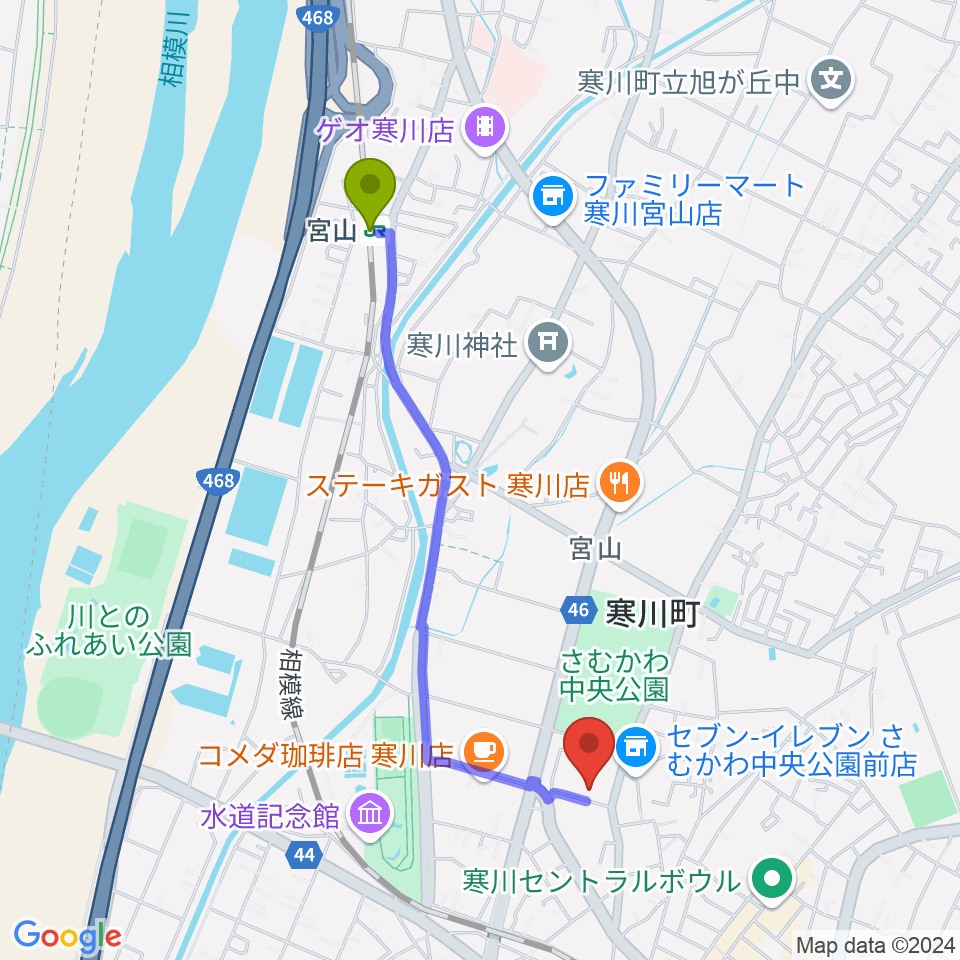 宮山駅から寒川町民センターへのルートマップ地図