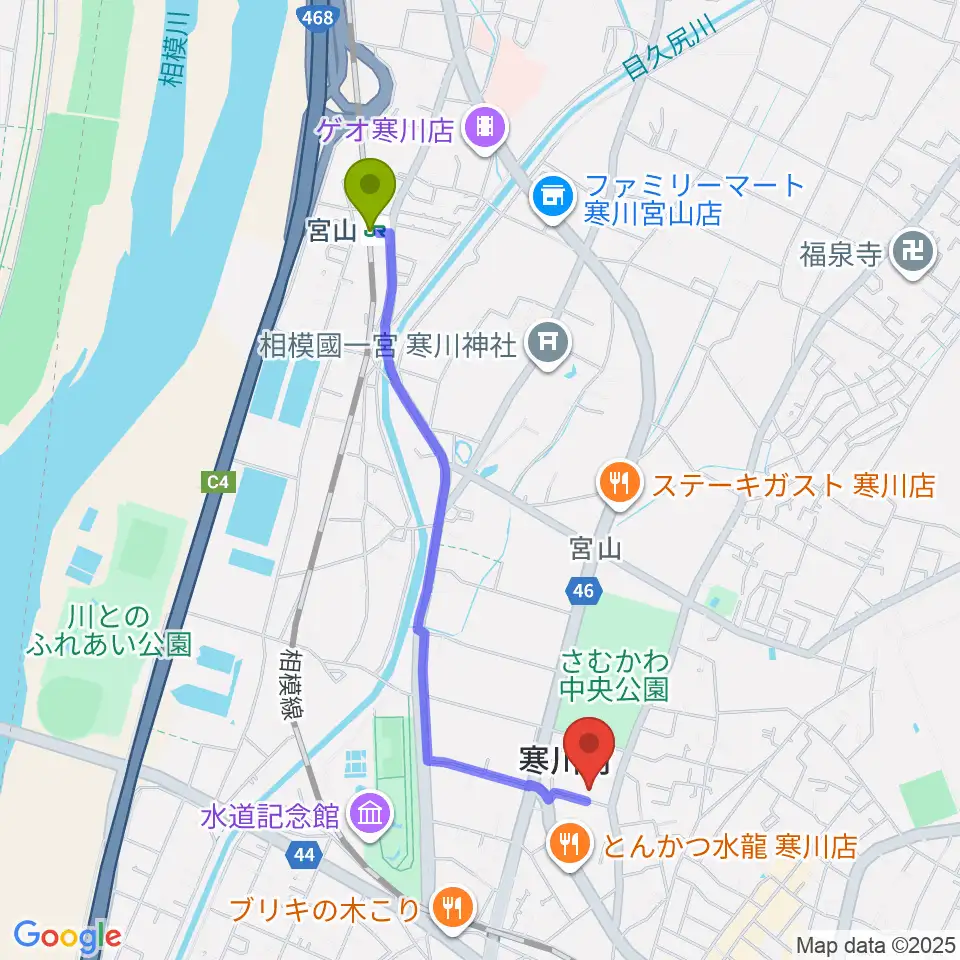 宮山駅から寒川町民センターへのルートマップ地図