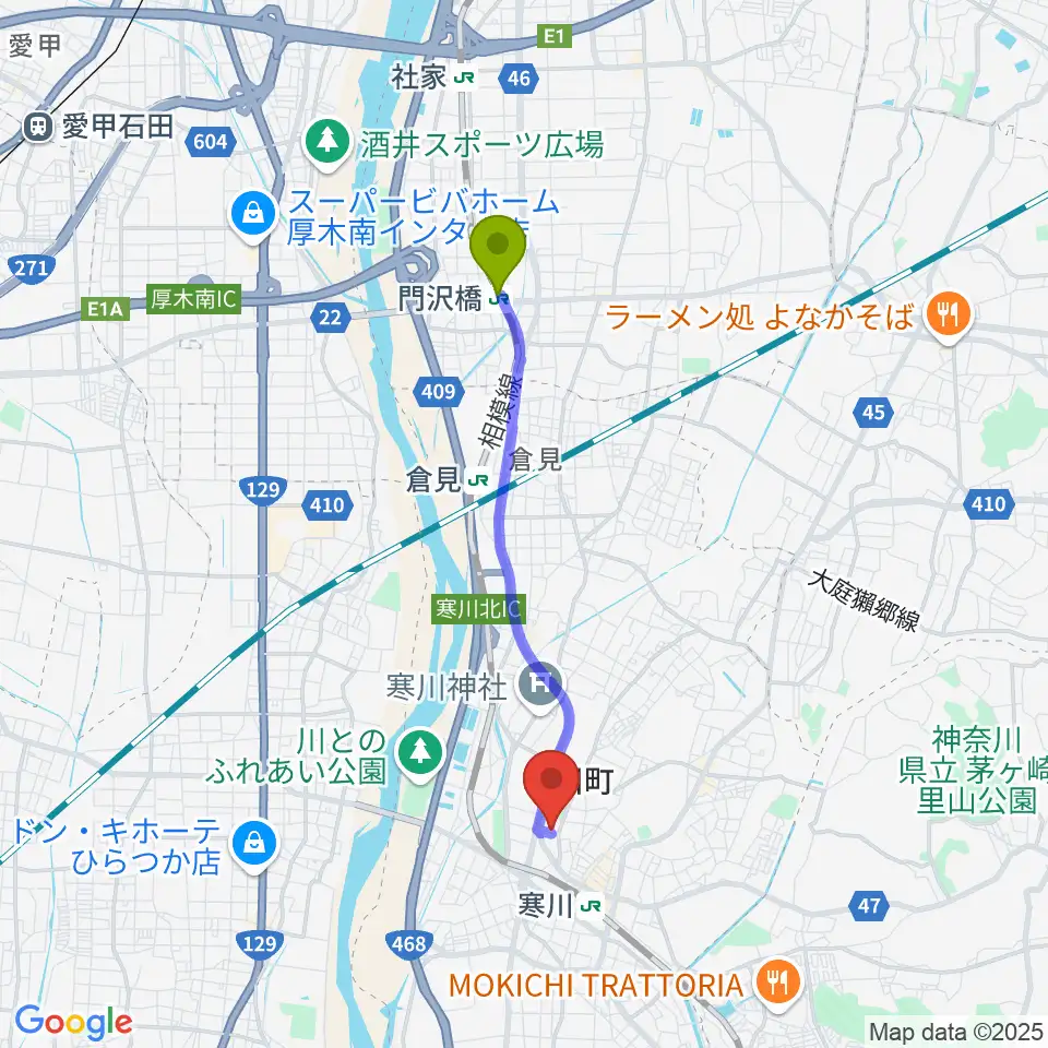 門沢橋駅から寒川町民センターへのルートマップ地図