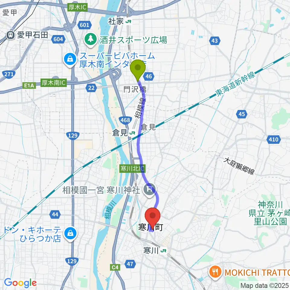 門沢橋駅から寒川町民センターへのルートマップ地図