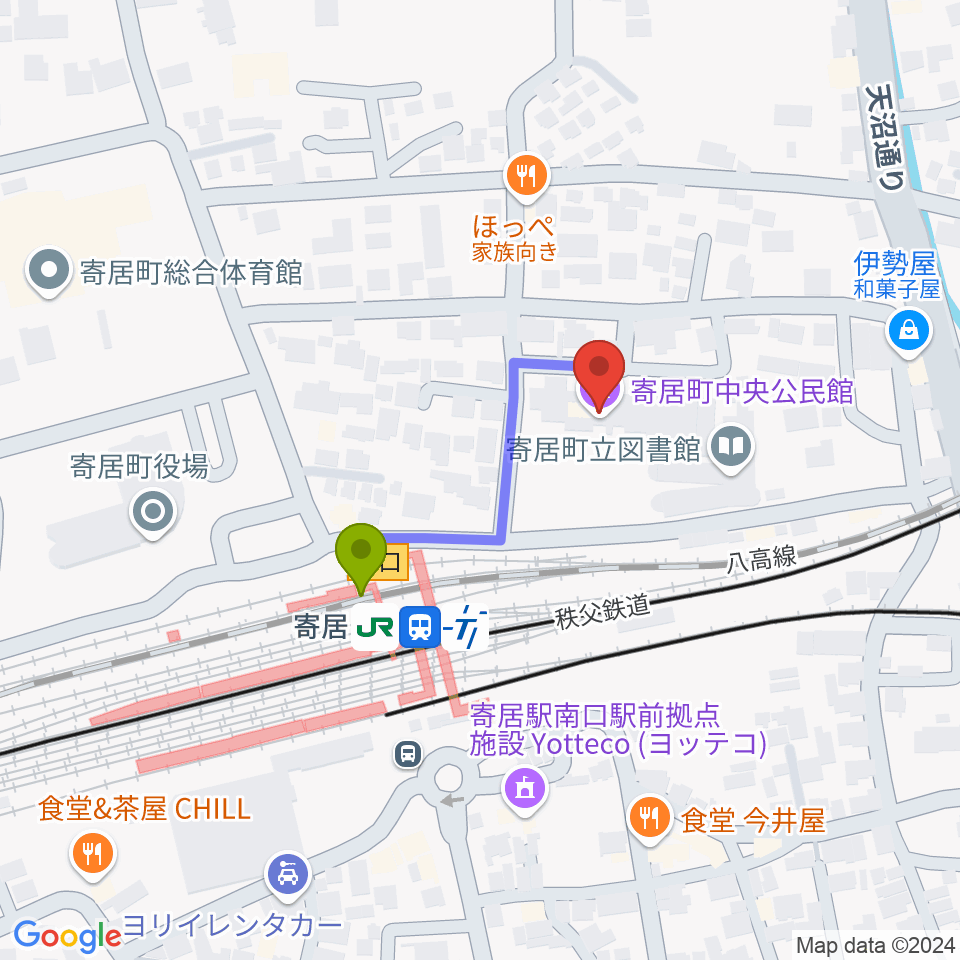 寄居町中央公民館の最寄駅寄居駅からの徒歩ルート（約2分）地図