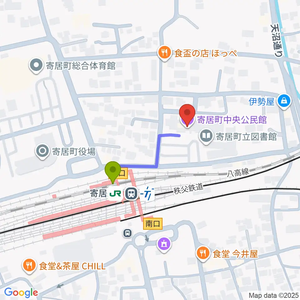 寄居町中央公民館の最寄駅寄居駅からの徒歩ルート（約2分）地図