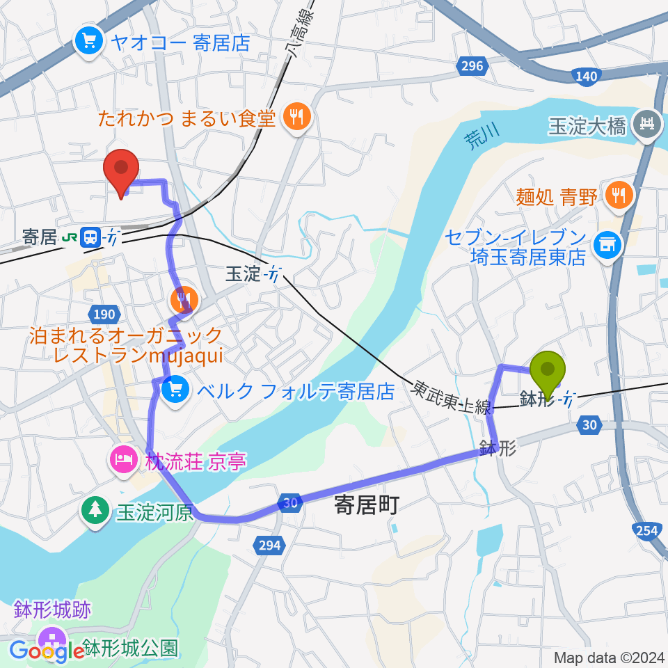 鉢形駅から寄居町中央公民館へのルートマップ地図