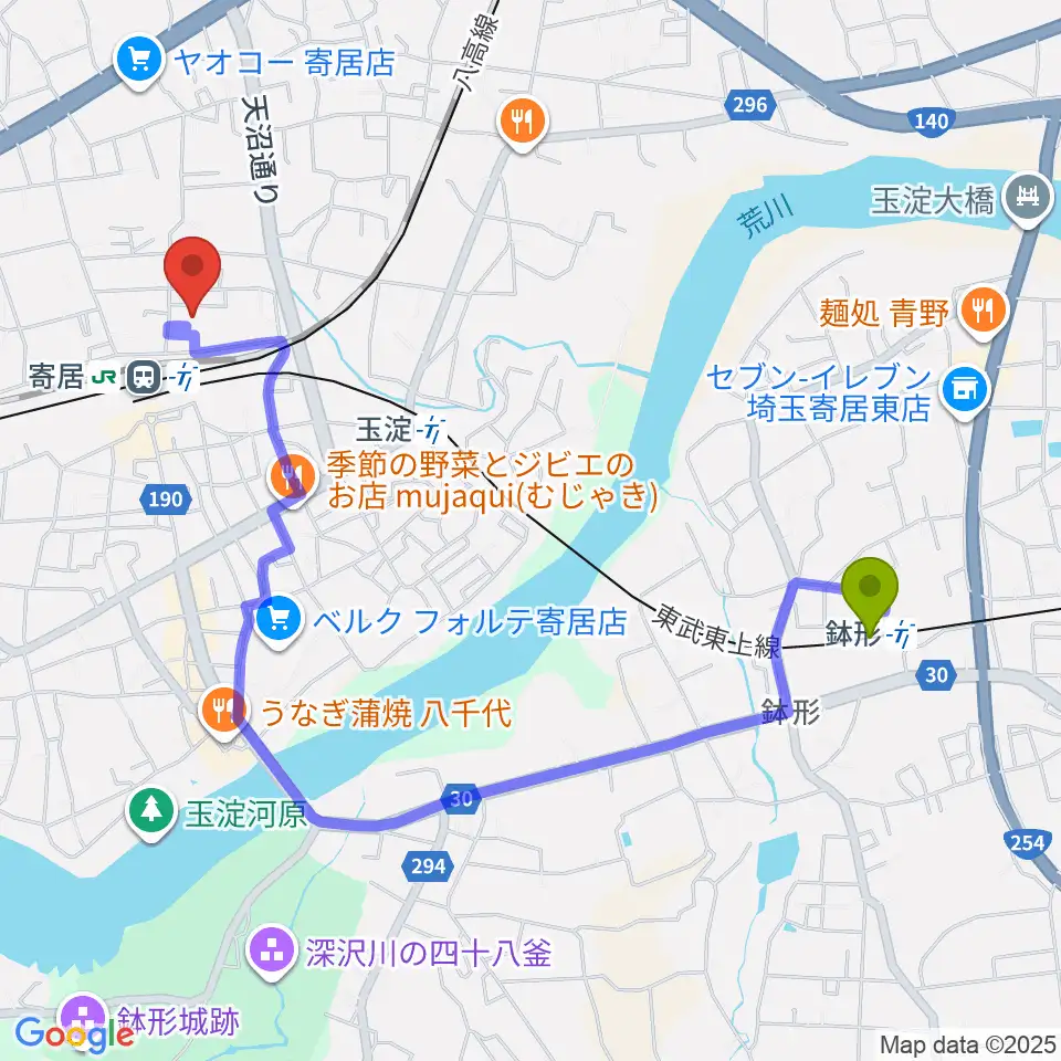 鉢形駅から寄居町中央公民館へのルートマップ地図