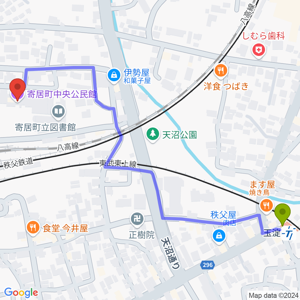 玉淀駅から寄居町中央公民館へのルートマップ地図