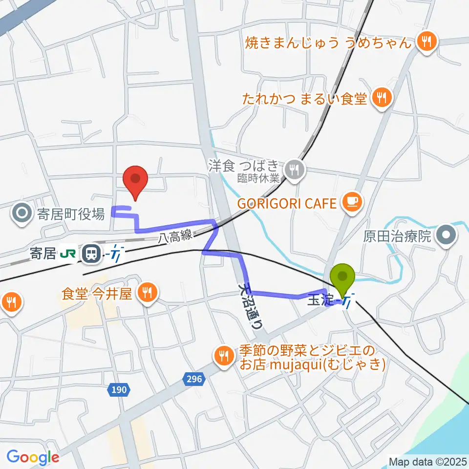 玉淀駅から寄居町中央公民館へのルートマップ地図