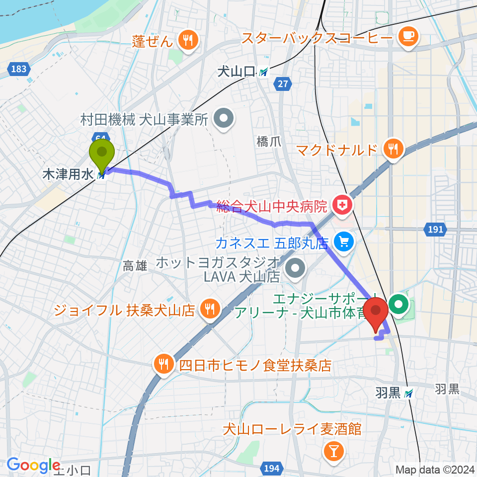 木津用水駅から犬山市民文化会館へのルートマップ地図